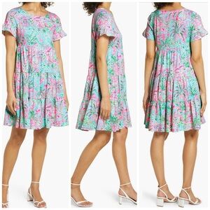 Lilly Pulitzer Jodee Swing Bali Blue Spotted On Worth Tropical Print M NEW